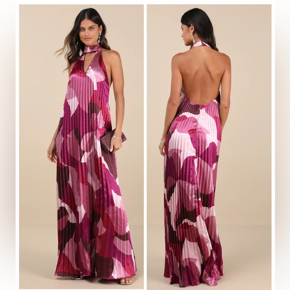 Lulus Prime Poise Pink Multi Abstract Satin Halter Maxi Dress Size Small Formal